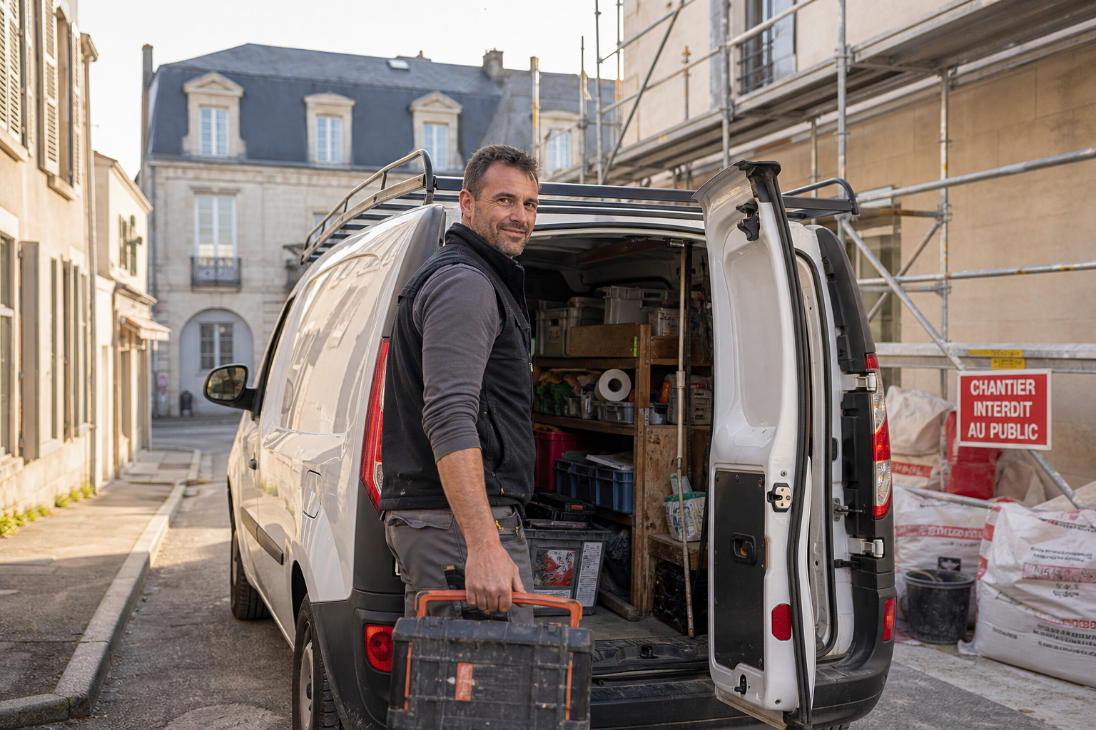 Artisan du bâtiment chargeant son véhicule utilitaire léger devant un chantier
