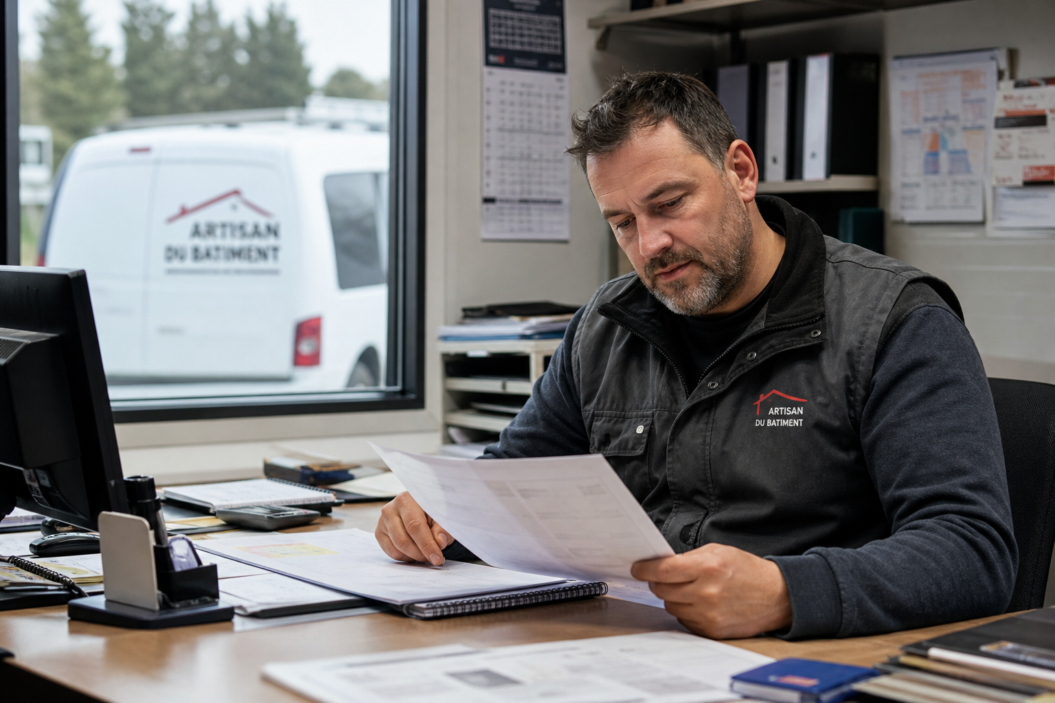 Artisan du bâtiment calculant son coût de revient au bureau